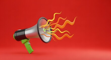 Naklejka premium Fiery announcement a megaphone emitting flames on a red background