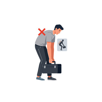 Man lifting briefcase incorrectly with proper alternative shown nearby