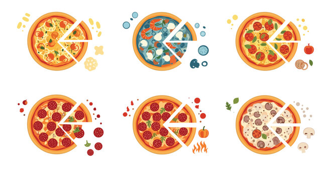 Set of six different pizzas with a missing slice surrounded by ingredients on a white background including pepperoni and seafood.