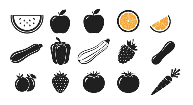 Collection of black silhouette icons of various fruits and vegetables like watermelon apple pepper carrot and orange on white.