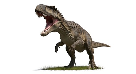 Fototapeta premium A powerful, realistic 3D rendering of a large carnivorous dinosaur roaring with its mouth wide open, standing on grass against a white background.