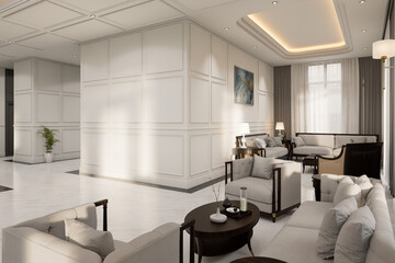 Fototapeta premium 3D Rendering interior design Luxurious hotel reception area, white marble flooring, and classic European-inspired decor, creating a refined and welcoming atmosphere.