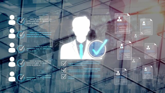 Digital Illustration of Candidate Selection Process with Checklists and Profiles Overlaid on Urban Skyline Background Sigmoid