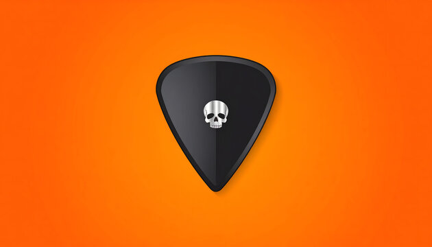 Guitar plectrum with bitten edge and silver skull on orange background representing the worn out tools of a metal guitarist generative AI