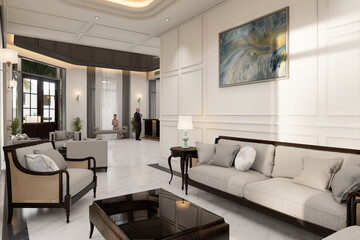 Fototapeta premium 3D Rendering interior design Luxurious hotel reception area, white marble flooring, and classic European-inspired decor, creating a refined and welcoming atmosphere.