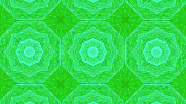 Vibrant abstract kaleidoscope animation with glowing fractal patterns, Futuristic psychedelic music video kaleidoscope mandala 3d art design, Stimulating kaleidoscope shapes on green screen