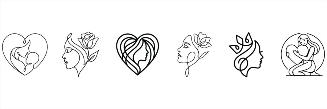 Minimalist continuous line art woman face icons, set of 6 feminine beauty logos, elegant floral and heart lady silhouettes for skincare branding