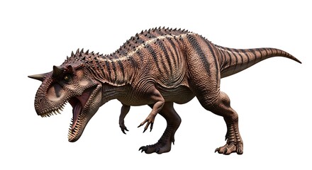 Fototapeta premium A detailed full-body rendering of a Carnotaurus dinosaur with distinctive horns and striped skin, isolated on a white background.