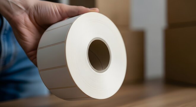 Close up of a roll of white shipping labels held in a hand