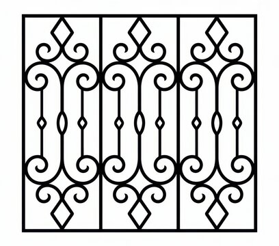 Decorative wrought iron window grill with ornate scrollwork and diamond shapes, isolated on white background