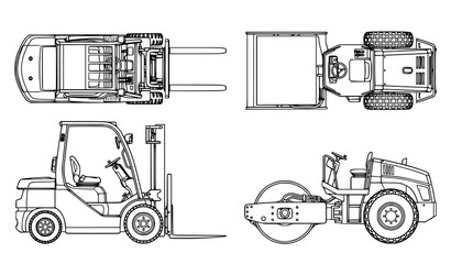 CAD outline forklift and road roller vector set with top and side views technical construction vehicle drawing isolated on white © Romjan