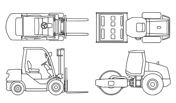 Minimal forklift and road roller vector set with top and side views clean construction vehicle outline isolated on white