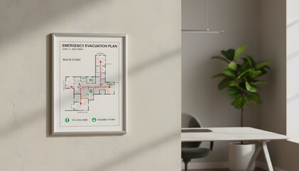 Fototapeta premium Emergency evacuation exit plan diagram on wall in a modern office interior showing safe route to exit for workplace safety and emergency preparedness concept