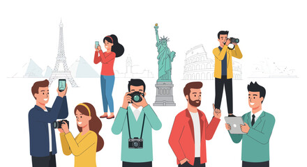 Fototapeta premium Tourists, travelers, photography, sightseeing, iconic landmarks, vector illustrations