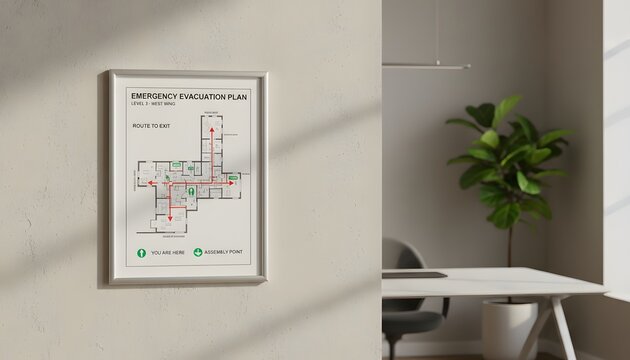 Emergency evacuation exit plan diagram on wall in a modern office interior showing safe route to exit for workplace safety and emergency preparedness concept