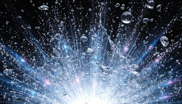 Sparking Energy Fountain, shimmering white and blue light particles, water droplets
