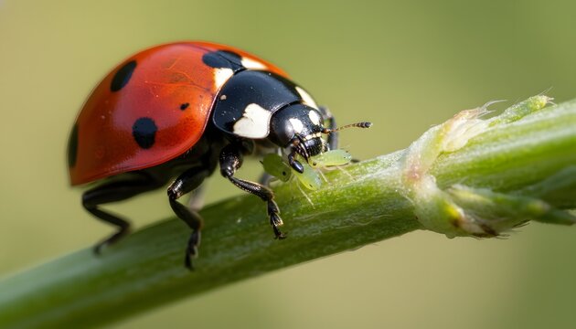 Ladybug eating aphids on a green herb stem in a vibrant garden, extreme macro shot highlighting the natural pest control concept and biological ecosystem balance