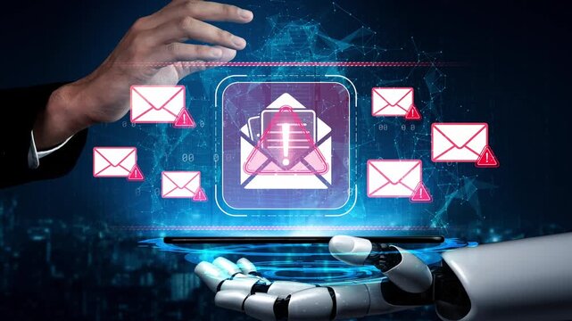 Hand Reaching Toward Digital Interface with Email Notifications and Robotic Arm in Futuristic Technology Concept Background Sigmoid