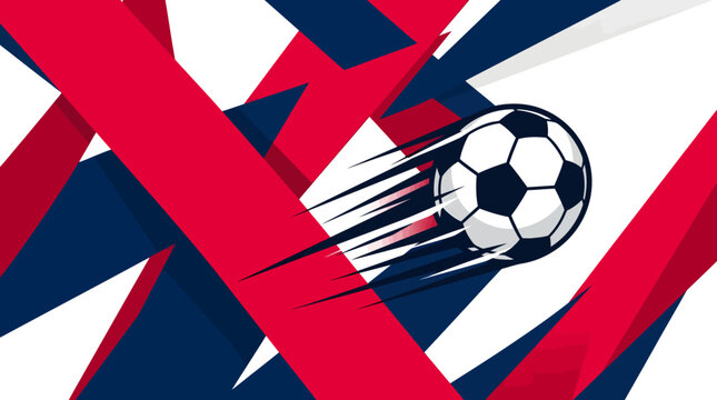 Soccer ball with motion trail on abstract geometric background with red and blue stripes