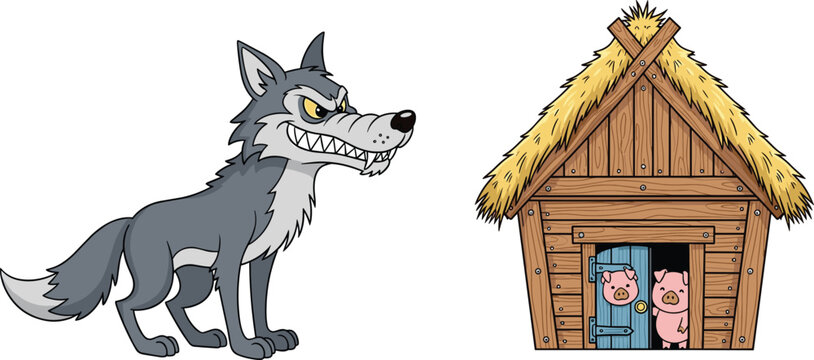 Big bad wolf and three little pigs house cartoon scene fairy tale characters vector illustration isolated design