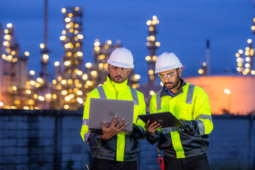Fototapeta premium Two asian engineer man standing front of oil refinery at night, Asian man petrochemical engineer working at oil and gas refinery plant industry factory industrial engineer wear safety vest and hardhat