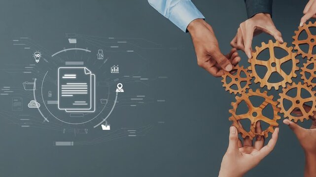 This image showcases a collaborative business environment featuring document management and gear mechanisms, symbolizing innovation and effective workflow strategies. Raster