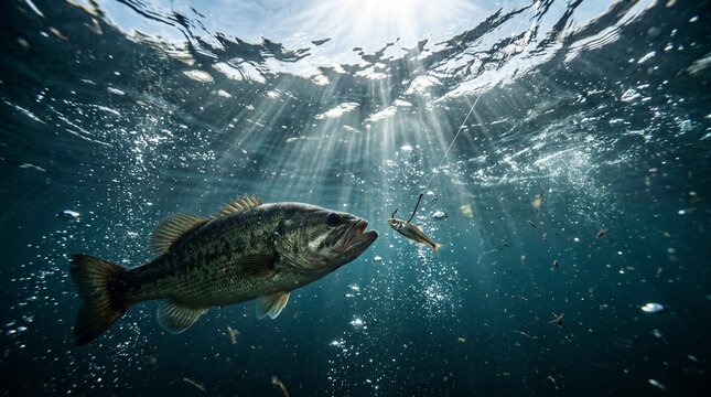 Underwater Large Bass Fish Approaching Small Bait on Hook in Sunlight