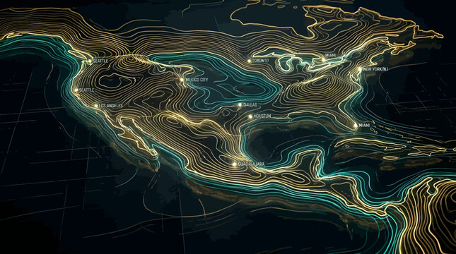 Abstract digital topographic map of north america with glowing contour lines and major city markers on a dark background