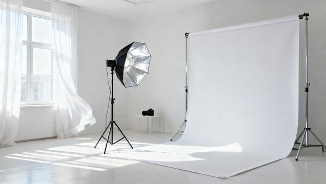 Professional photography studio setup with a large white backdrop and lighting equipment, ready for a photoshoot