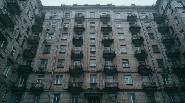 Urban soviet-era apartment facade in grayscale. Artificial intelligence image