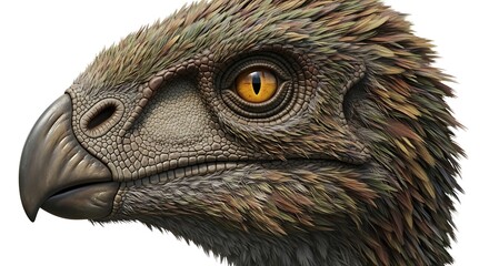 Fototapeta premium Close-up side profile of a prehistoric bird-like dinosaur head with feathers, a strong beak, and an intense yellow eye.