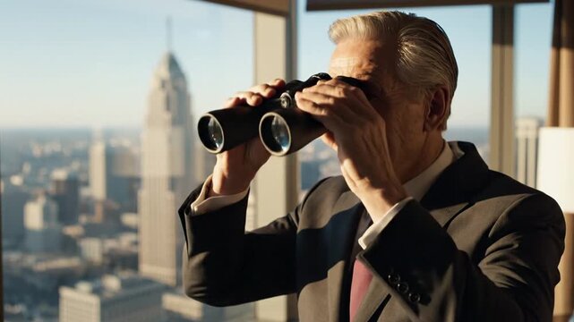 Businessman observes city with binoculars from high rise office window