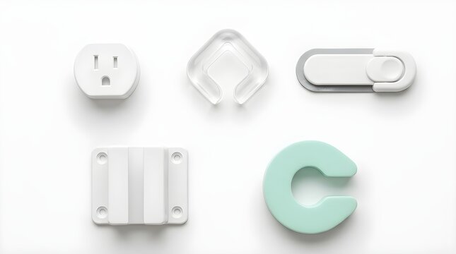 Baby safety products set with outlet covers corner protectors and cabinet locks isolated on white background