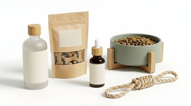 Premium natural pet wellness products collection with organic treats and calming oil isolated on white background