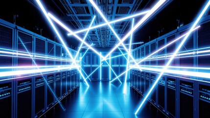 Obraz premium Server room filled with racks. Bright neon lights create futuristic tunnel effect. Data center infrastructure visible.