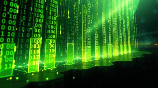 Digital rain, green code streams. Futuristic data visualization, network connections, abstract technology background. Complex system, binary numbers.