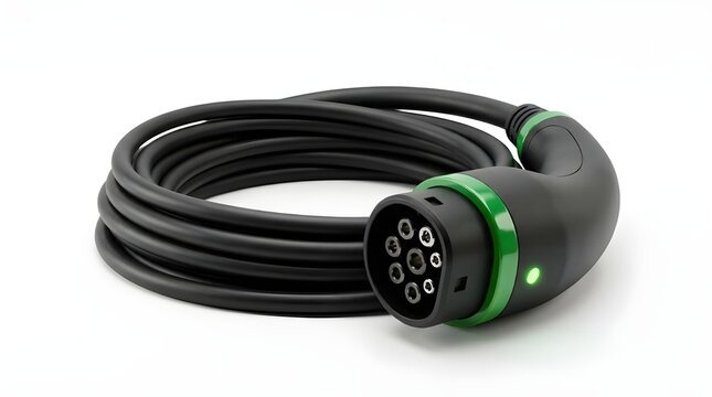  Electric vehicle Type 2 charging cable with green LED indicator and detailed connector isolated on white background