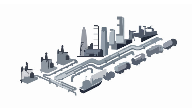 Oil industry vector set with extraction drilling refinery and transportation petroleum energy cycle illustration concept