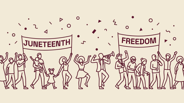 Diverse generational crowd marching, celebrating Juneteenth & Freedom with banners, fists, trumpeter, symbolizing unity, justice, liberation minimalist line art vector isolated.