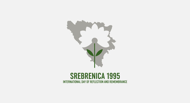 Srebrenica Memorial: A poignant graphic representing Srebrenica 1995, featuring a stylized flower against the outline of Bosnia and Herzegovina.