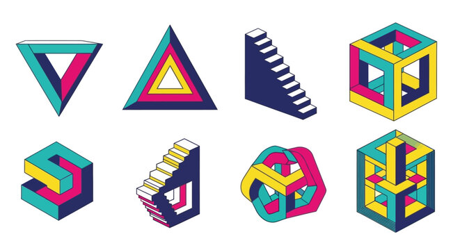 Set of Colorful Isometric Impossible Geometric Shapes and Optical Illusions