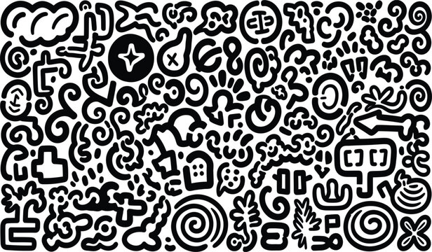 Intricate black and white doodle pattern abstract shapes and symbols