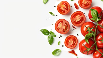 Naklejka premium Fresh Red Tomatoes and Green Basil Leaves on Clean White Background for Culinary and Food Photography