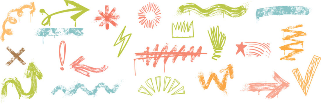 Collection of flames, lightnings, star shapes and rock'n'roll doodles. Vector graphic pencil elements. Vector handmade y2k sticker collection for collage,
