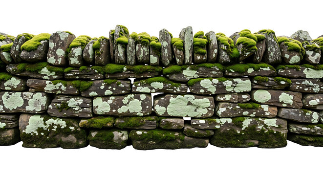 Detailed close-up of a rustic dry stone wall adorned with vibrant green moss and ancient lichen