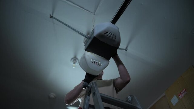 ServiceMan repairing garage door opener. Technician connecting wires on ceiling mounted motor in residential garage. Wide view