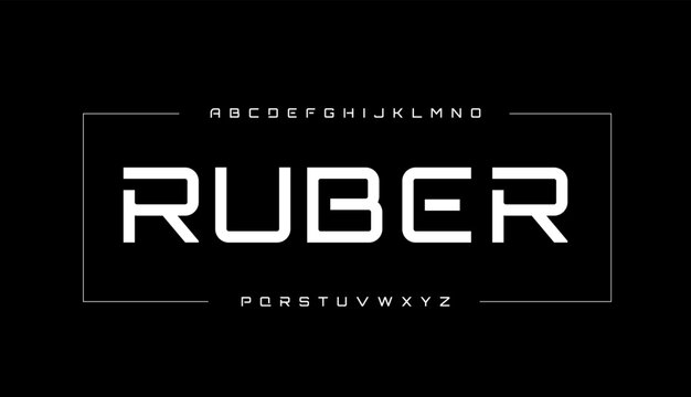 Futuristic font alphabet letters. ruber Future logo typography. Cropped letters set for science technology, space research logo type, hud text, headline, scifi cover.