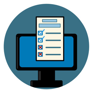 Online survey concept with form appearing from screen. Symbol of feedback, questionnaire, and data collection