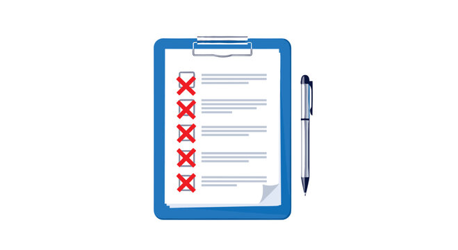 Failed audit and error reporting concept showing a clipboard checklist with multiple red crosses indicating rejection or mistakes.