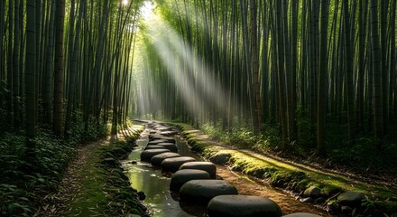 Sunbeams Pierce Through Lush Bamboo Forest Illuminating Stone Path Over Creek © IMOTIONart